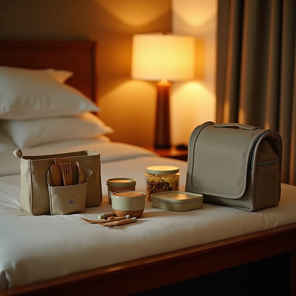 A compact travel meal prep kit laid out on a hotel room desk with portable containers, utensils, and simple ingredients