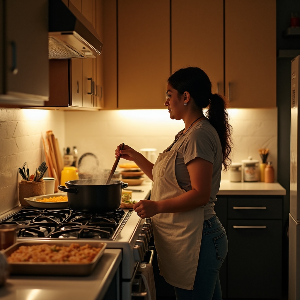 A person batch-cooking in a home kitchen with multiple pots and pans active simultaneously, organized ingredients on the counter