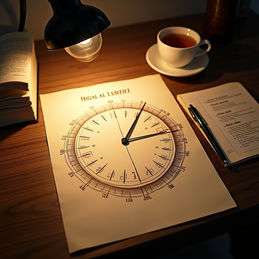 A visual diagram on paper showing a 24-hour circadian cycle with meal timing markers for night shift workers, warm desk lamp lighting