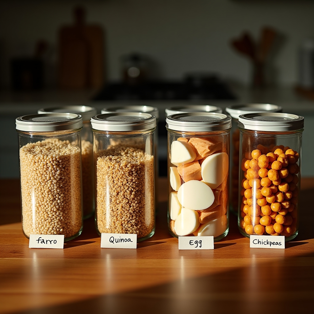 Side-by-side comparison of different grains and proteins in clear containers showing texture differences