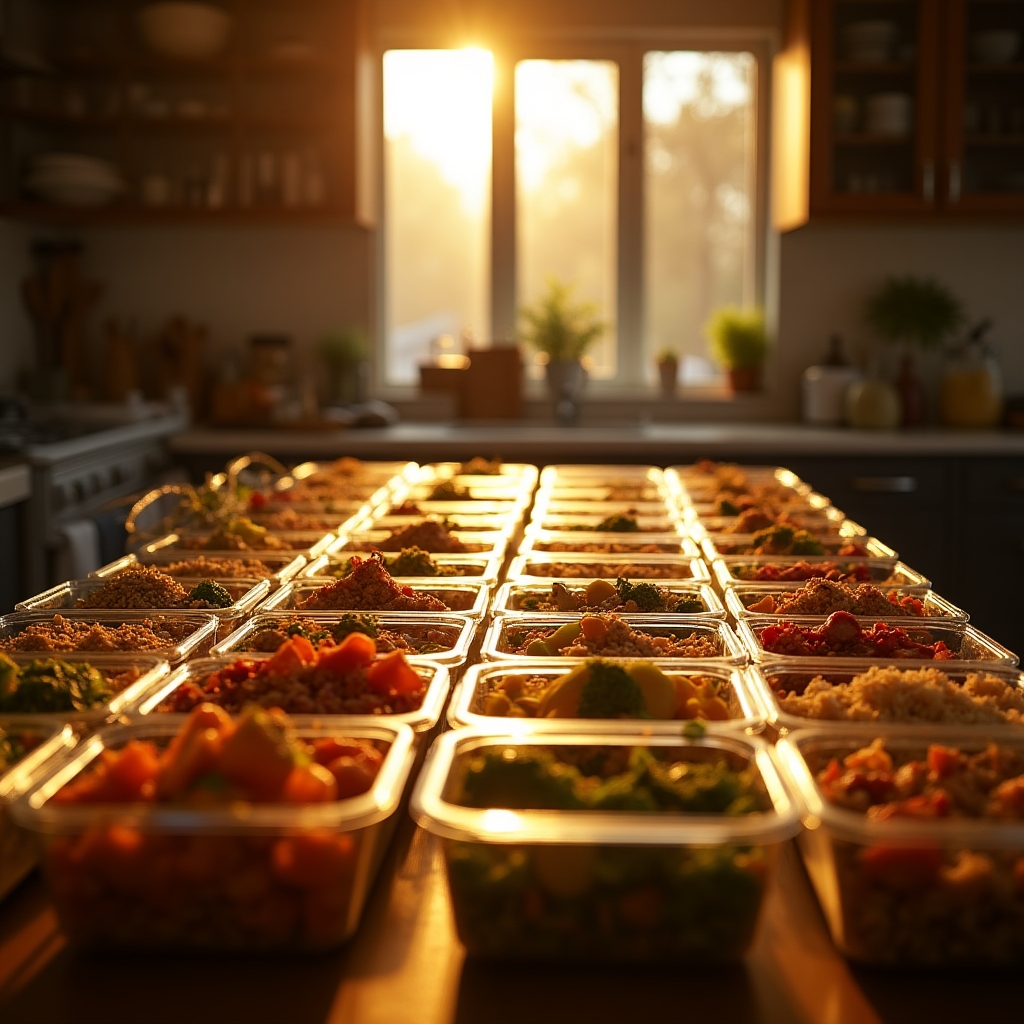 Rows of meal prep containers filled with balanced meals for shift workers