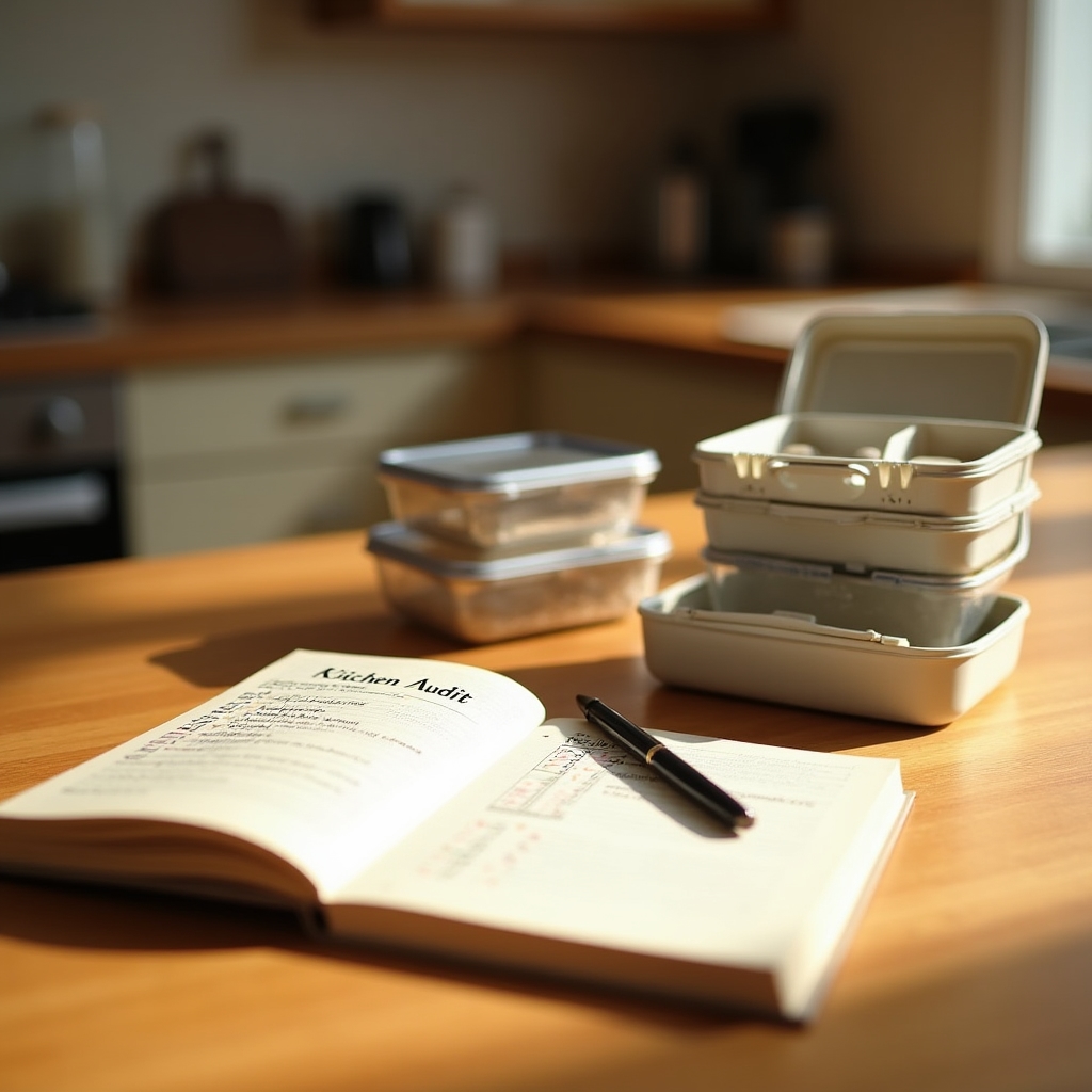 A notebook with a kitchen audit checklist beside a lunchbox and meal prep containers on a kitchen counter