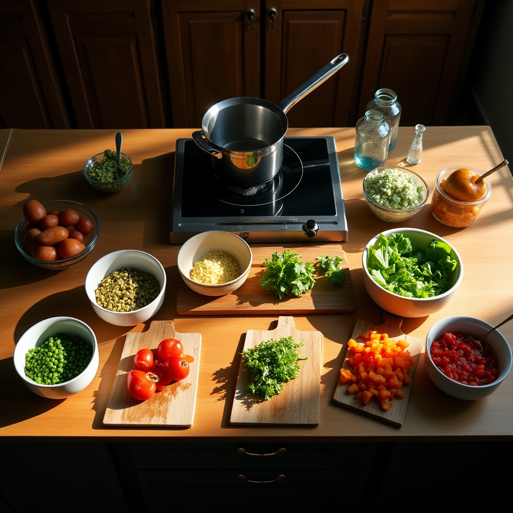 Overhead view of a kitchen counter with meal prep ingredients organized in bowls