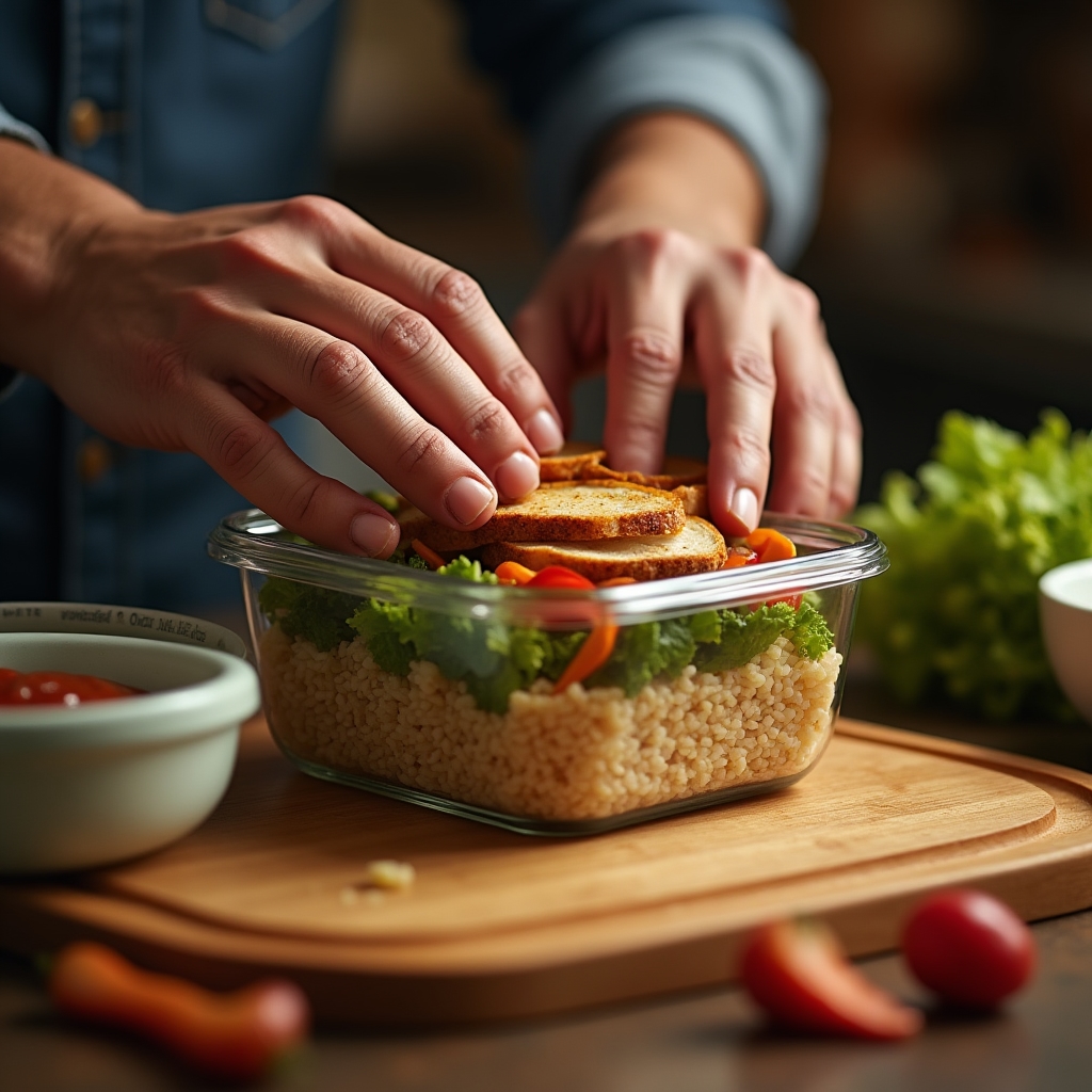 Close-up of a glass meal prep container being carefully packed with layers of grains, vegetables, and protein with a small sauce container on the side