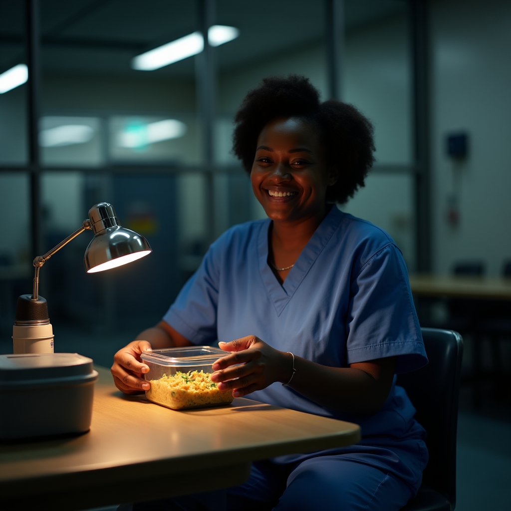 Night shift worker opening a lunchbox during a break in a dimly lit break room