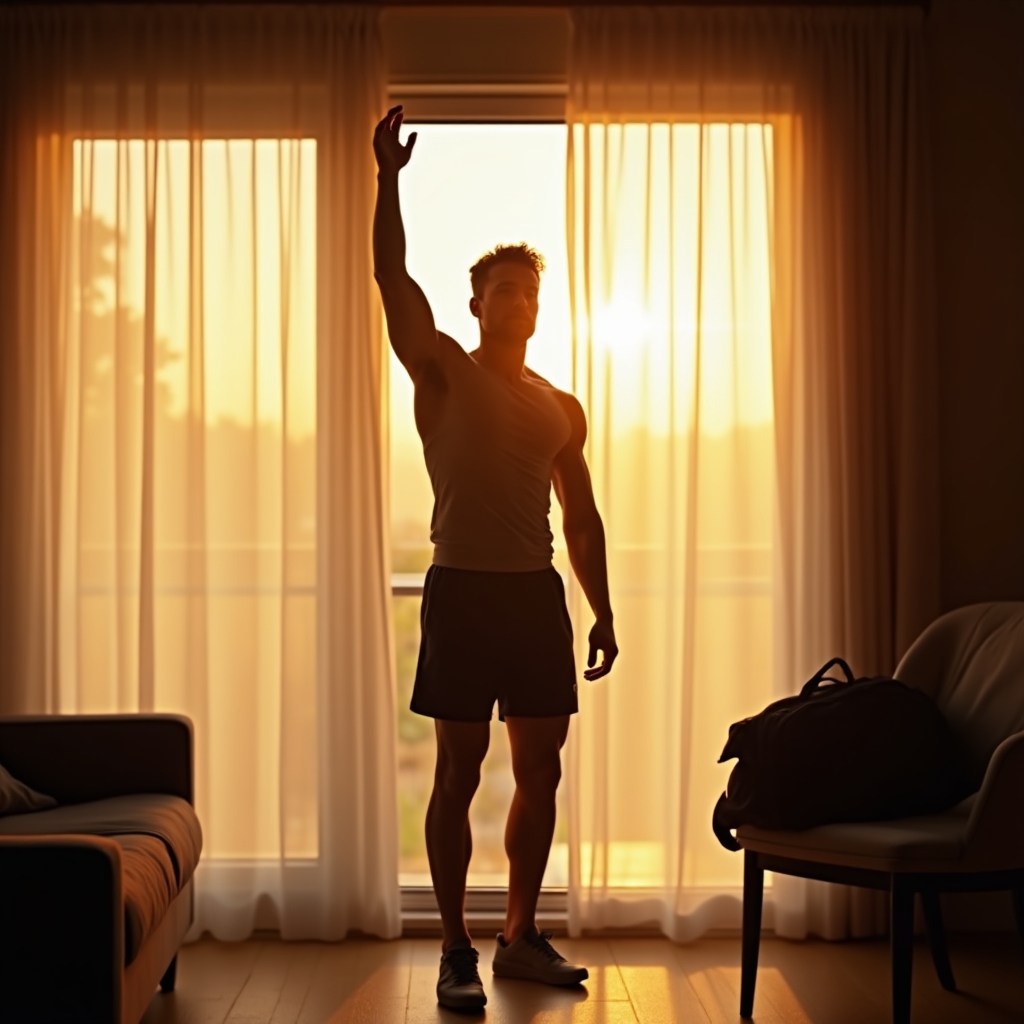 Shift worker in athletic clothes stretching near a window with morning light after returning from a night shift